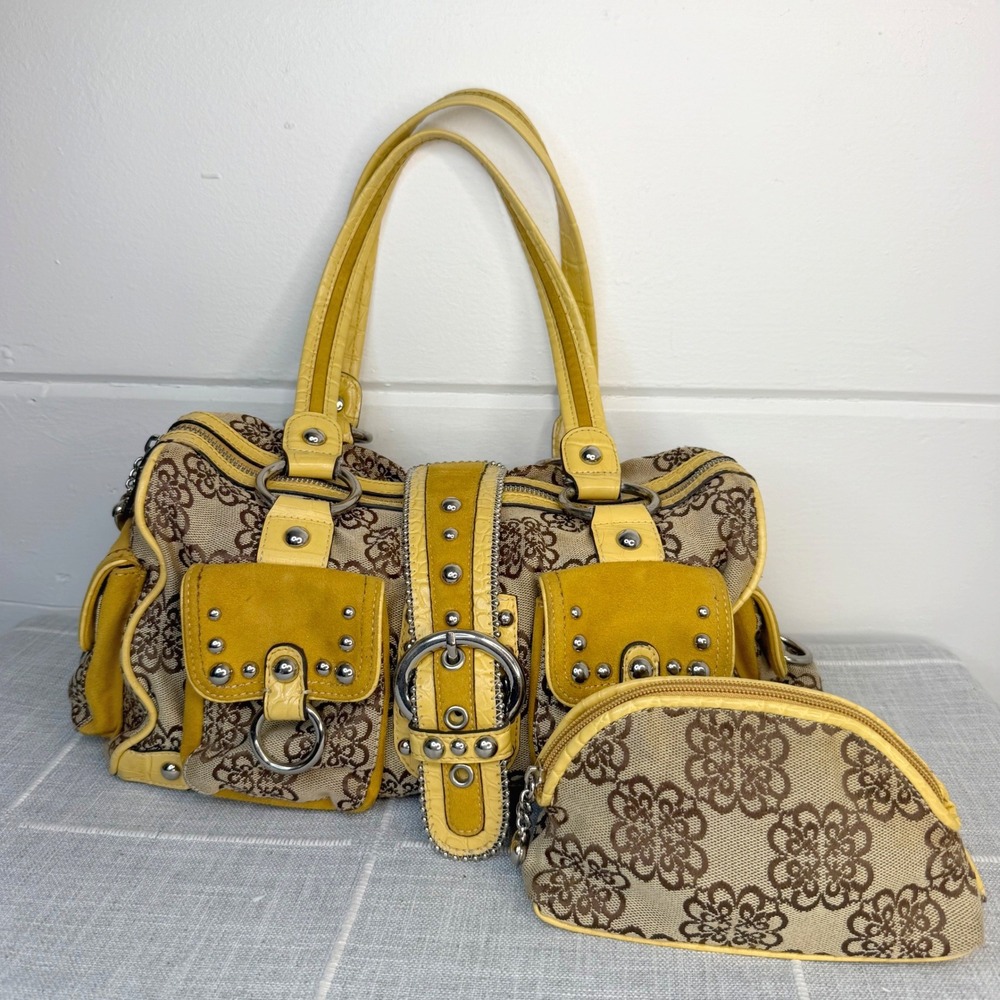 Kathy Van Zeeland Yellow Monogram Canvas Studded Belted Strap Satchel Bag Y2K